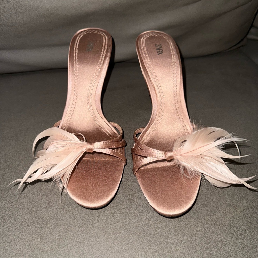 Zara Rose Pink Satin Feather Slide Heels